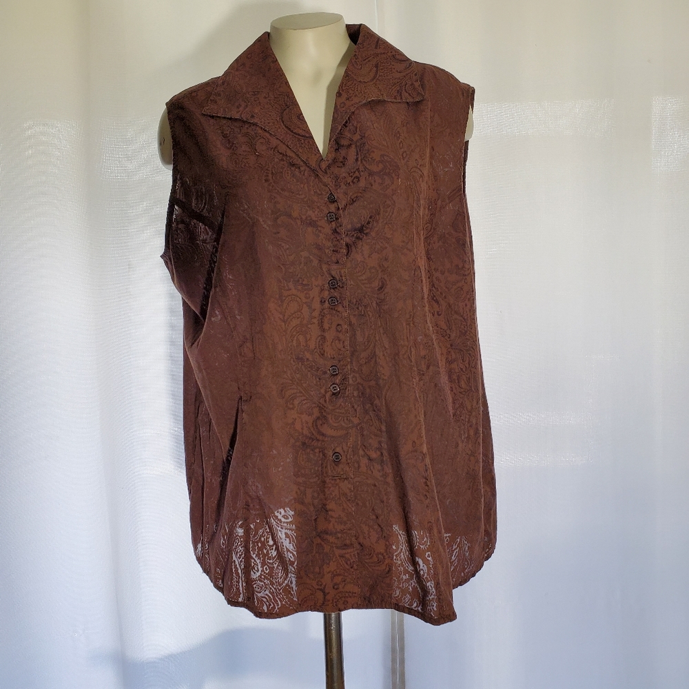 Semi-sheer Floral Button Up Sleeveless Blouse, Size XL